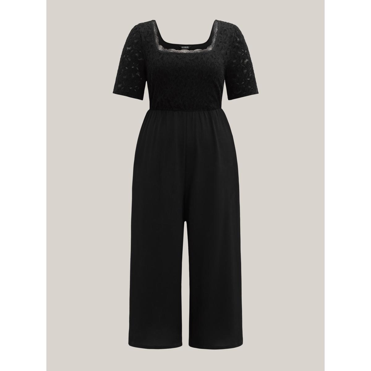 Plus Size Black Textured Lace Spliced Square Neck Jumpsuit Women Elegant Short sleeve Square Neck Everyday-Elegant Loose Jumpsuits BloomChic 22-24/3X Product Image