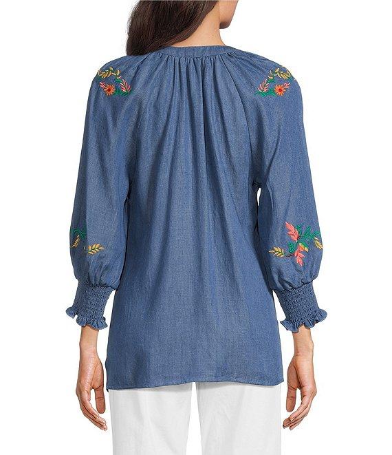Calessa Petite Size Embroidered Tencel Split Neck 3/4 Sleeve Button Front Tunic Product Image