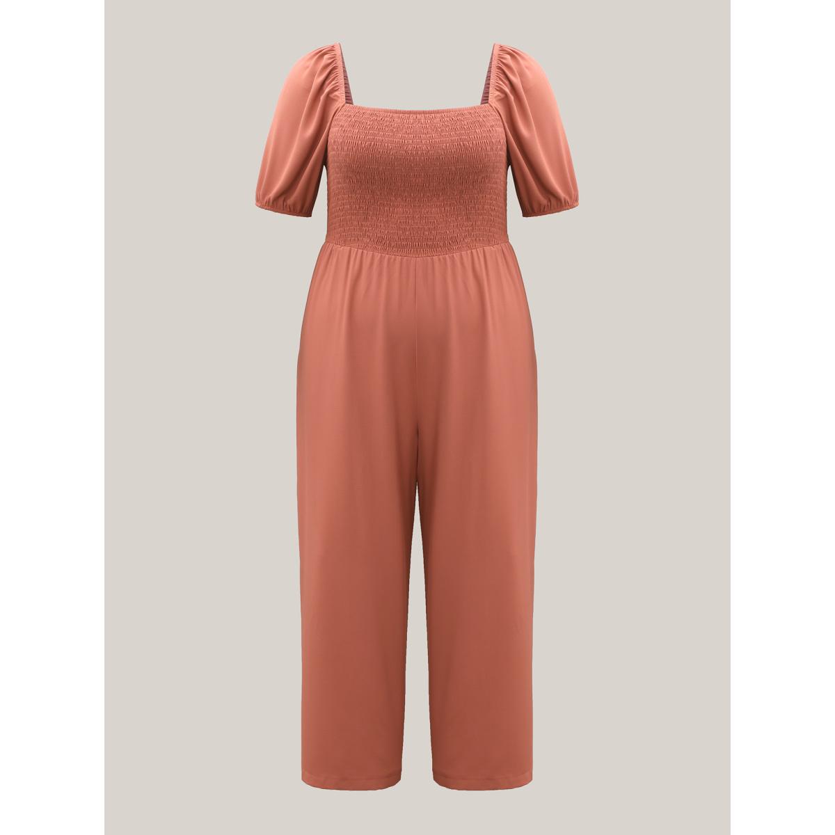Plus Size Coral Shirred Puffy Sleeve Pockets Jumpsuit Women Short sleeve Square Neck Casual Loose Jumpsuits BloomChic 22-24/3X Product Image