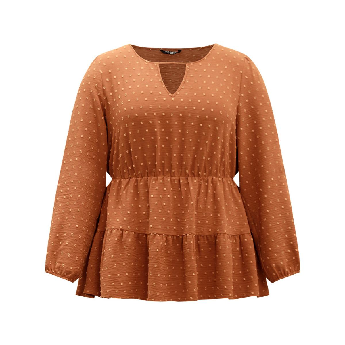 Plus Size Rust Textured Keyhole Ruffle Layered Hem Blouse Women Office Long Sleeve Keyhole Cut-Out Office Blouses BloomChic 22-24/3X Product Image