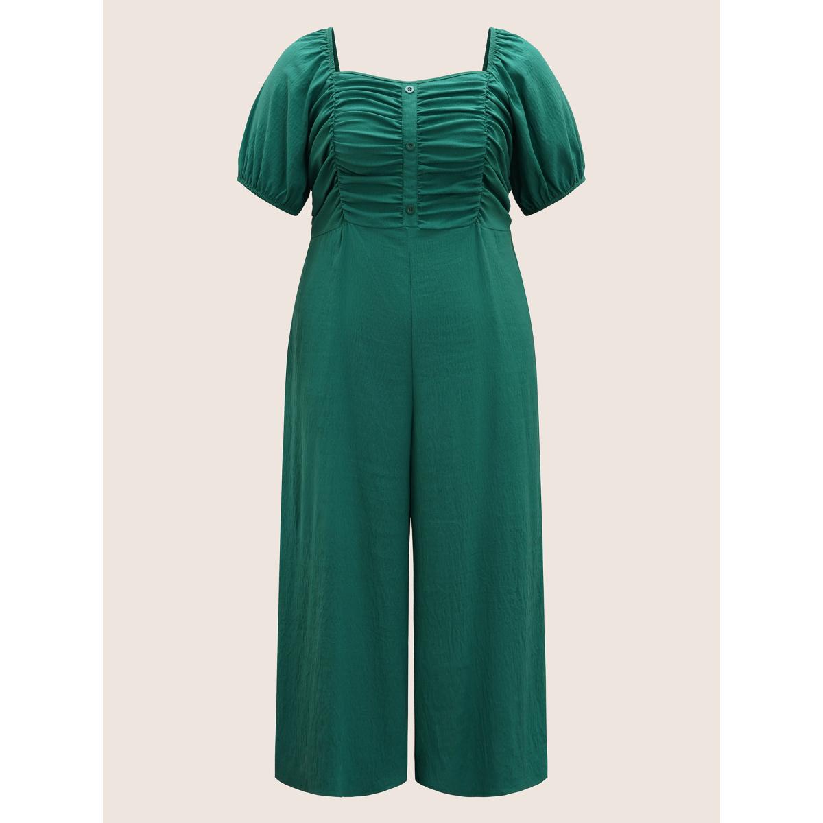Plus Size Emerald Heart Neckline Lantern Sleeve Ruched Jumpsuit Women Elegant Short sleeve Heart neckline Everyday Loose Jumpsuits BloomChic 12/L Product Image