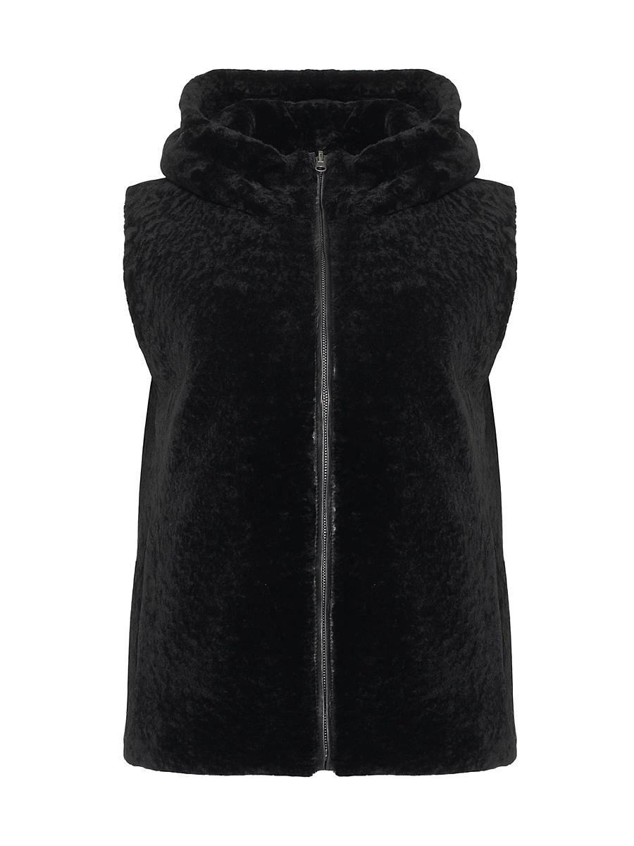Womens Shearling Lamb Vest Hooded Reversible to Taffeta Product Image