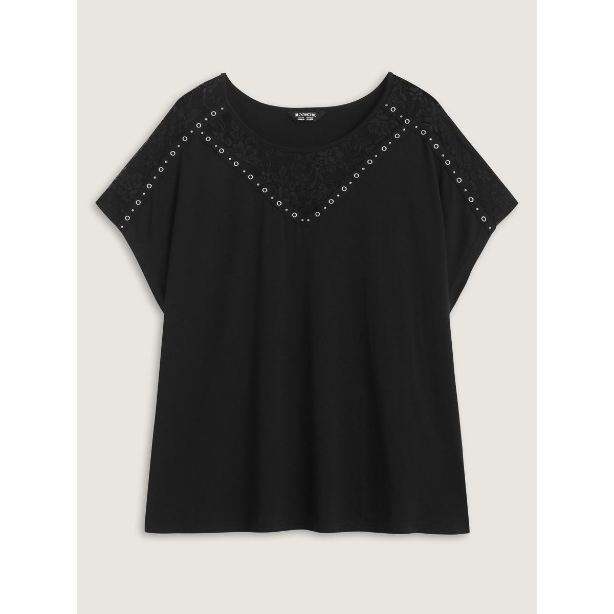 Plus Size Lace Trim Sheer Solid T-Shirt Black Women Leisure Non Casual T-shirts BloomChic 22-24/3X Product Image