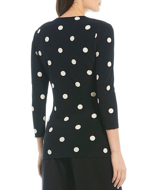 Anne Klein Knit Jersey Polka Dot Print V-Neck 3/4 Sleeve Faux-Wrap Top Product Image