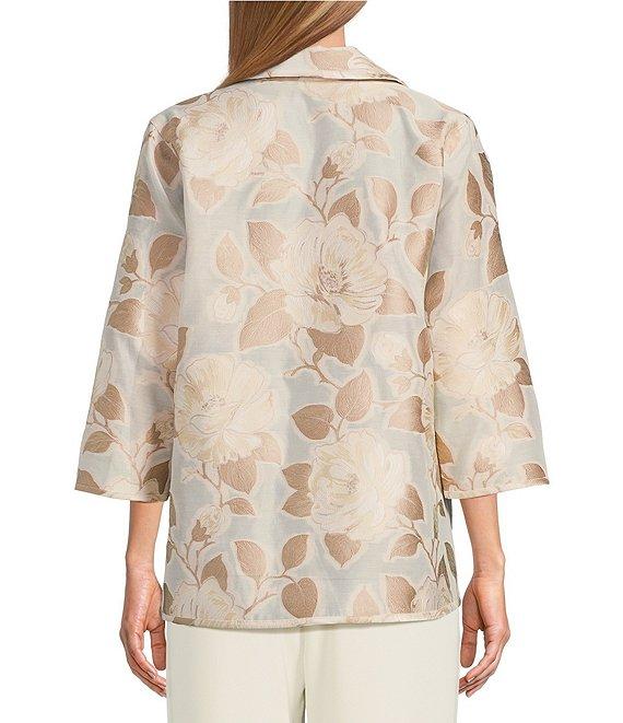Caroline Rose Natural Beauty Floral Jacquard Fold-Back Stand Collar Bracelet Sleeve Open-Front Jacket Product Image