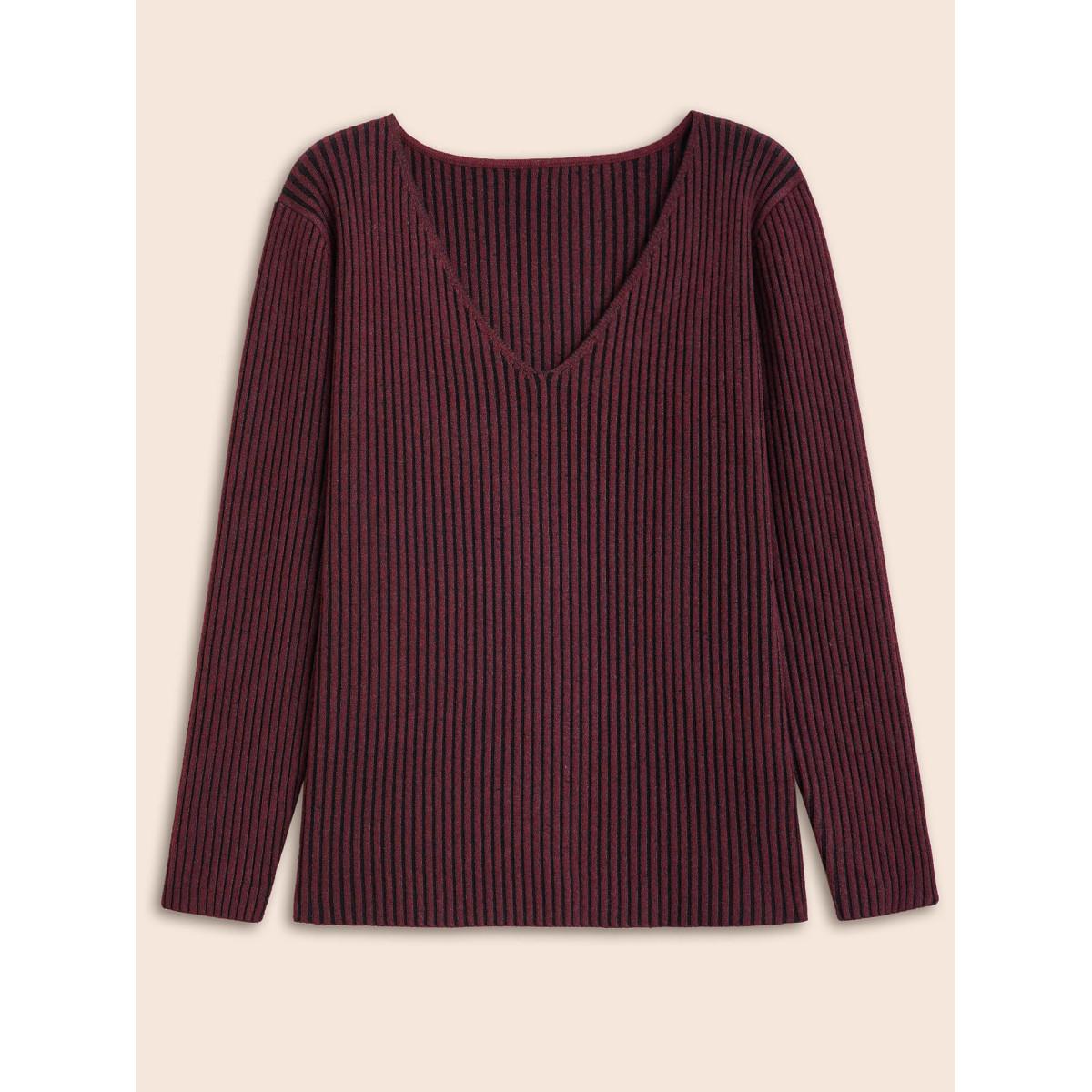 Plus Size Essentials Texture V Neck Pullover Deeppurplered Women Leisure Skinny Long Sleeve V-neck Casual Pullovers BloomChic 14-16/1X Product Image