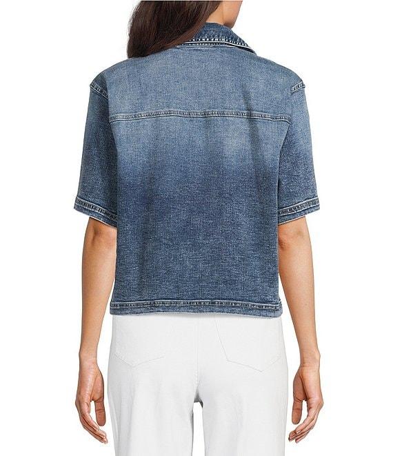Tru Luxe Jeans Denim Collared Split Neck Short Sleeve Shirt Product Image