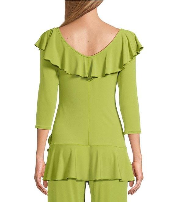 Eva Varro Knit Jersey V-Neck 3/4 Sleeve Asymmetric Ruffled Tunic Product Image