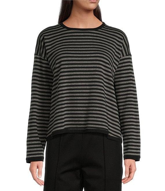 Eileen Fisher Striped Cozy Brushed Terry Round Neck Long Sleeve Boxy Crop Top Product Image