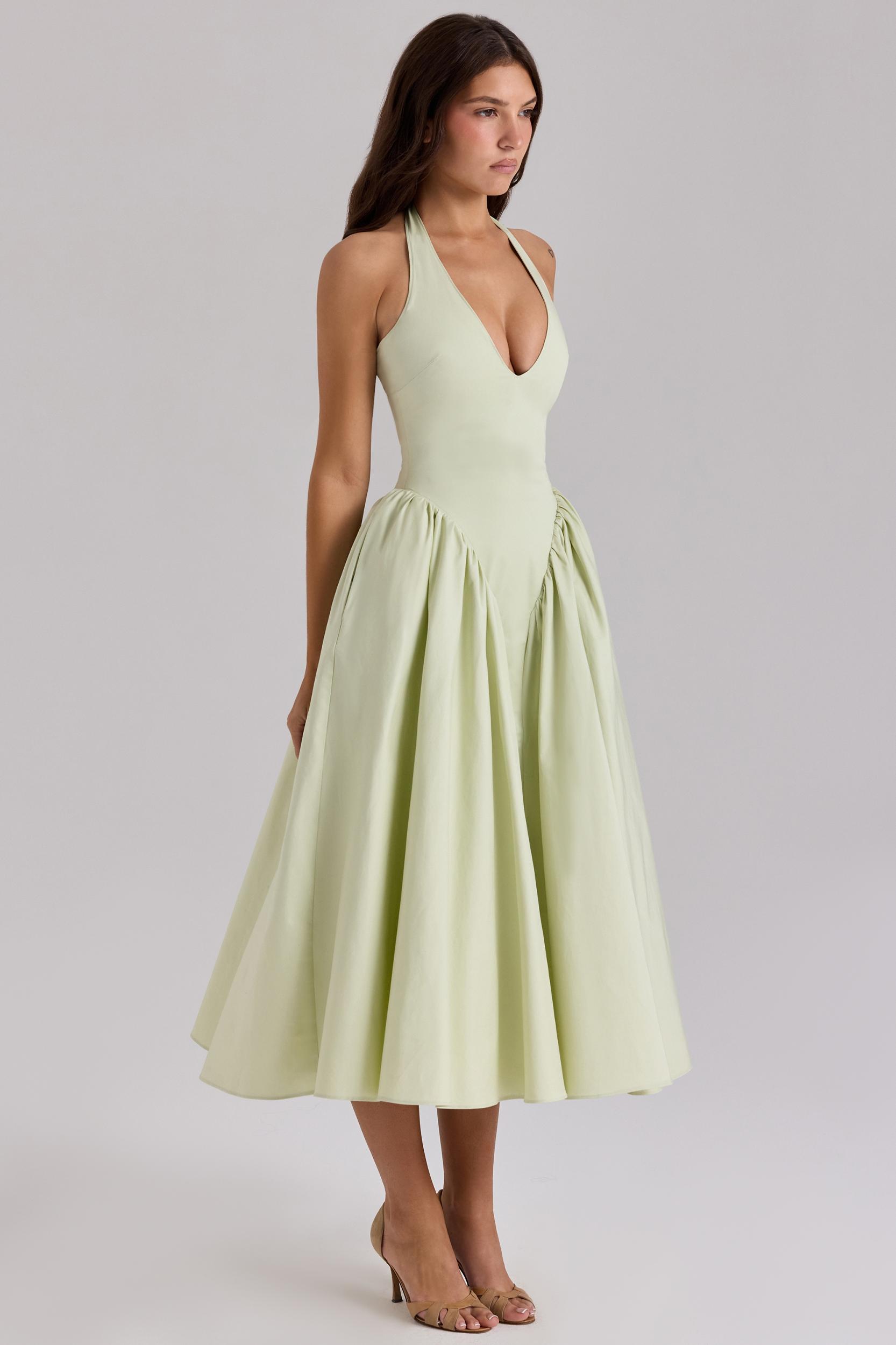 Marilyn  pistachio cotton halter midi sundress Product Image