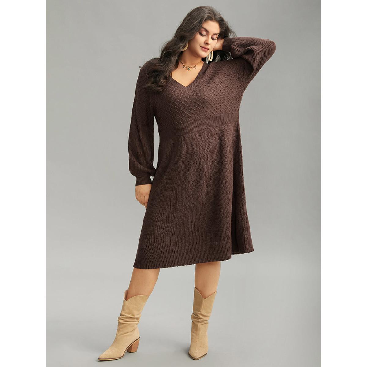 Plus Size A Line Waistline Inside Lantern Sleeve Sweater Dress DarkBrown Women Casual Loose Long Sleeve Dailywear Sweater Dresses BloomChic 30/6X Product Image