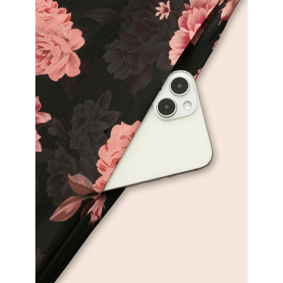 Plus Size Floral Lantern Sleeve Shirred Pocket Dress Black Women Elegant Shirred Boat Neck Long Sleeve Curvy BloomChic 18-20/2X Product Image