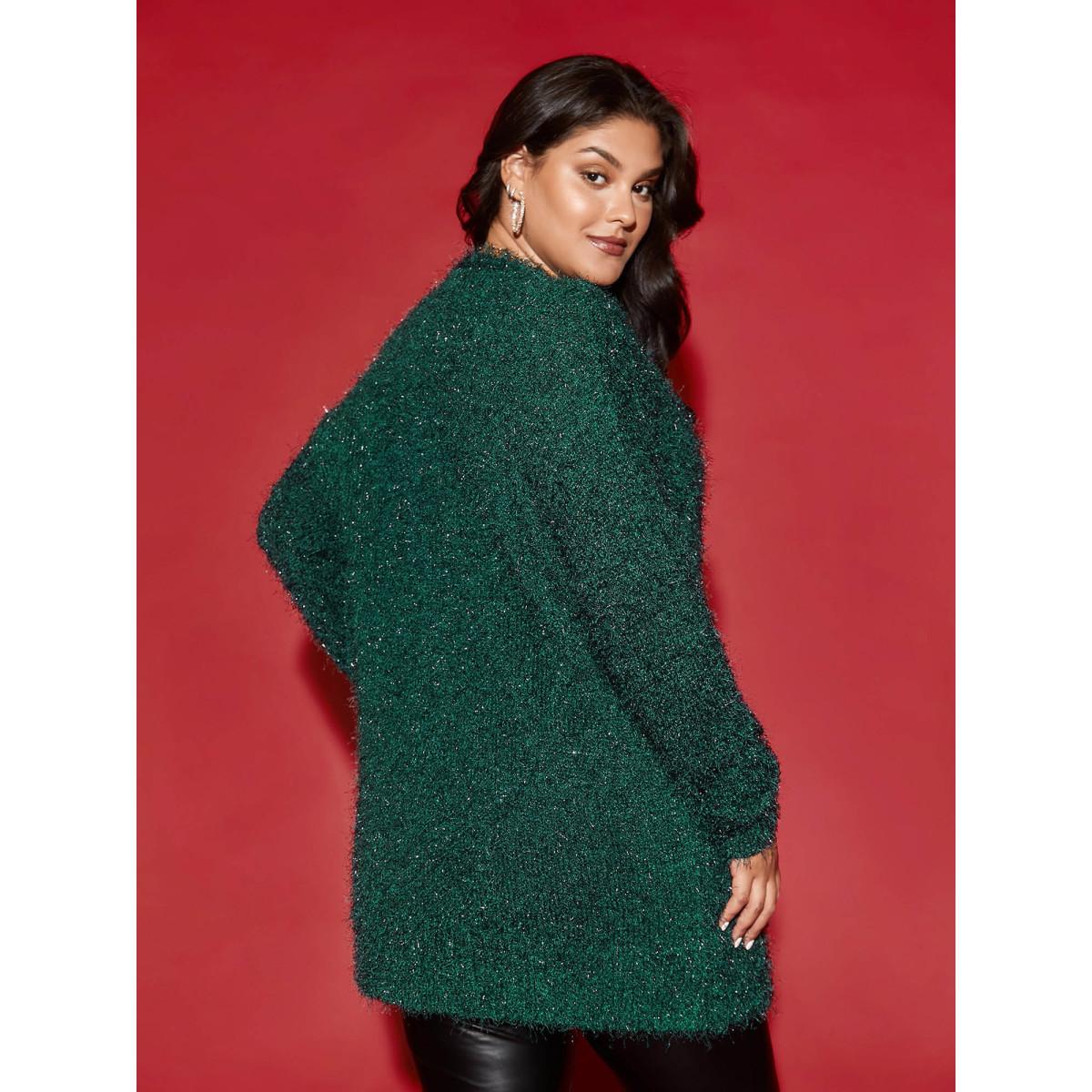 Plus Size Shimmery V-neck Button-Front Cardigan DarkGreen Women Cocktail Loose Long Sleeve Party Cardigans BloomChic 28/5X Product Image