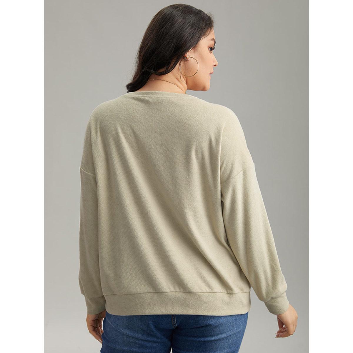 Plus Size Heather Plisse Elastic Hem Sweatshirt Women Beige Casual Texture Round Neck Dailywear Sweatshirts BloomChic 10/M Product Image