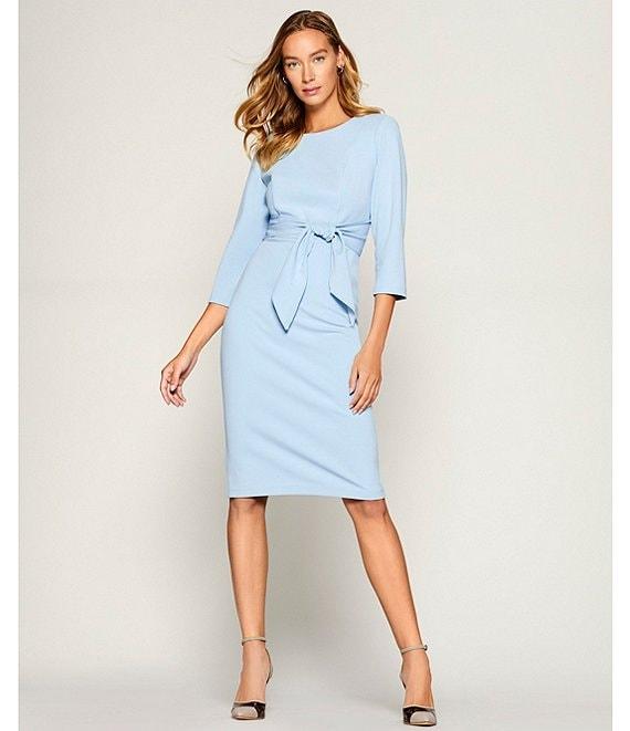 Adrianna Papell Stretch Crepe Crew Neck Tie Waist 3/4 Sleeve Midi Sheath Dress Product Image