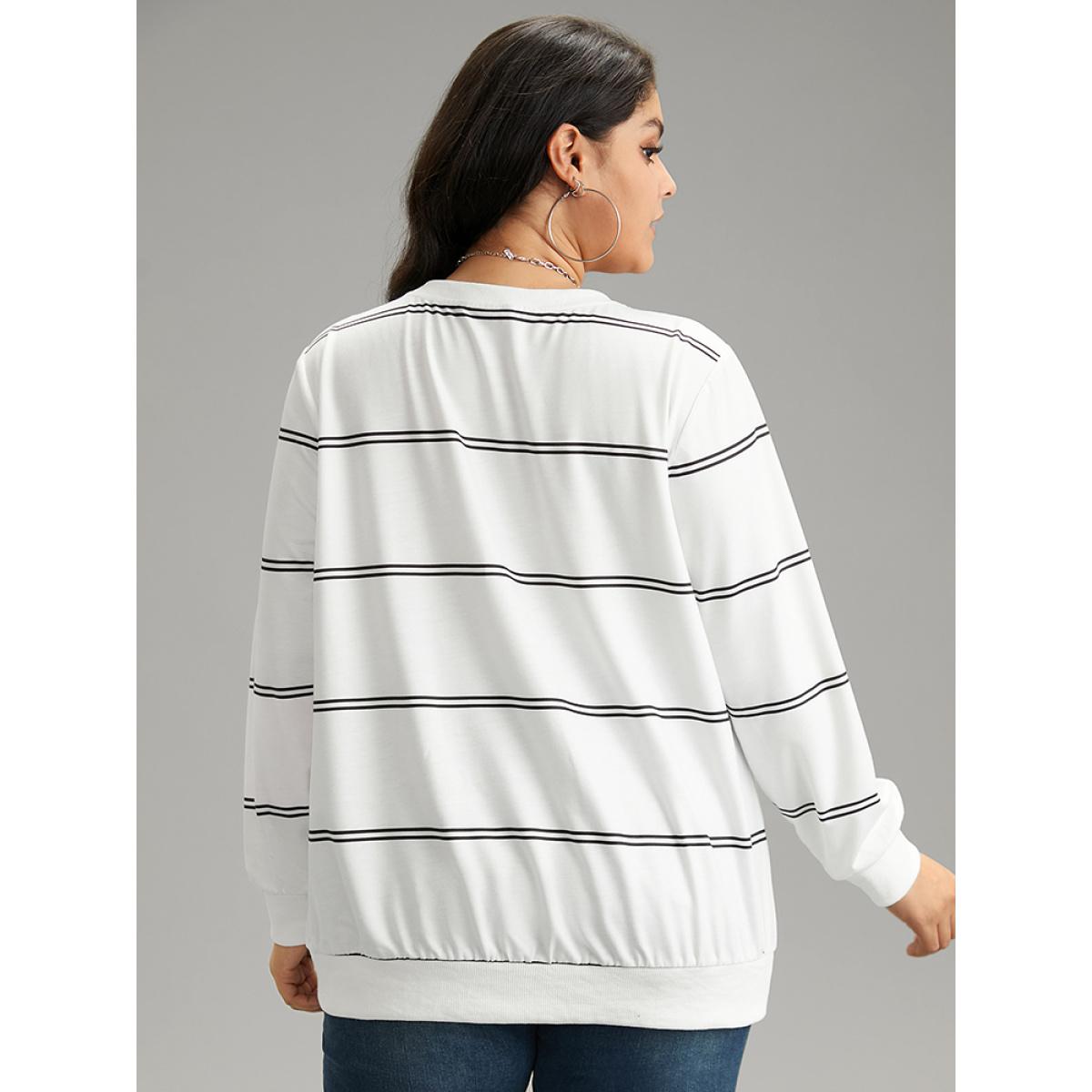 Plus Size Rib Knit Striped V Neck Sweatshirt Women White Casual Rib Knit V-neck Dailywear Sweatshirts BloomChic 14-16/1X Product Image