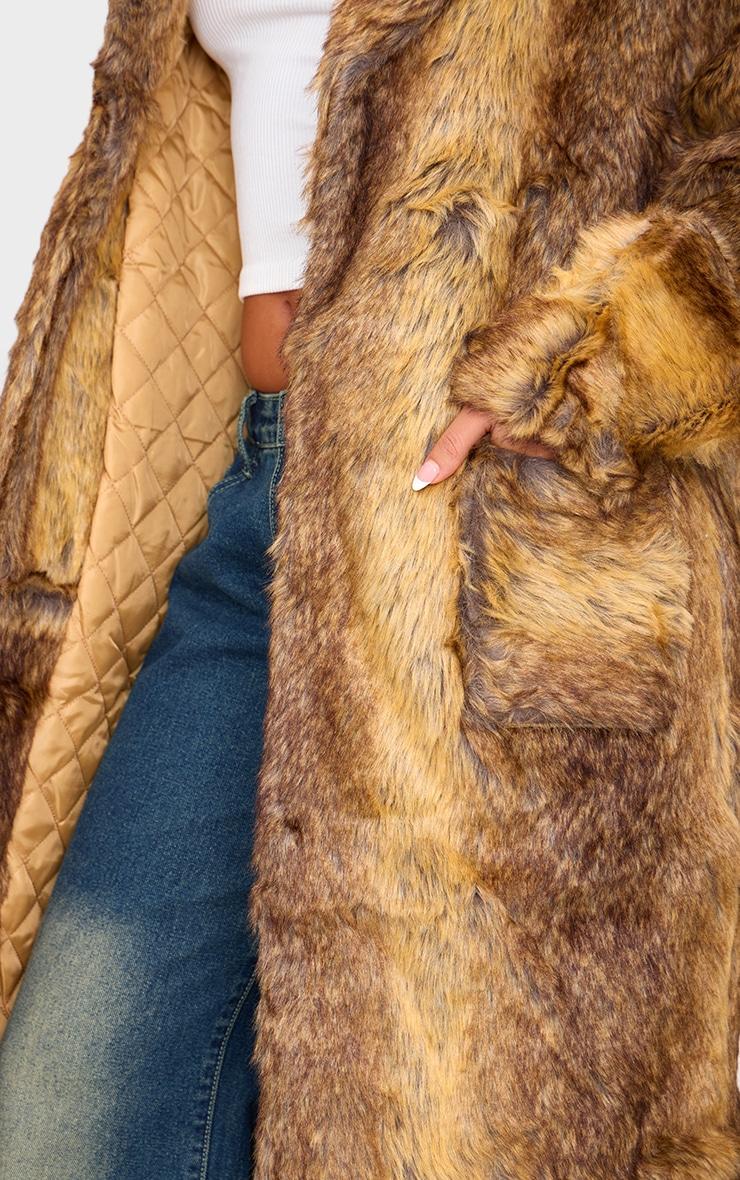Petite Brown Faux Fur Longline Belted Coat Product Image