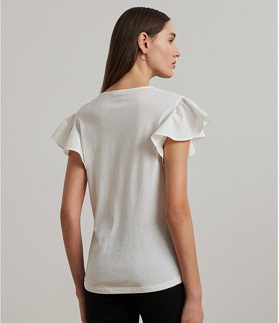 Lauren Ralph Lauren Jersey Knit V-Neck Cap Sleeve Shirt Product Image