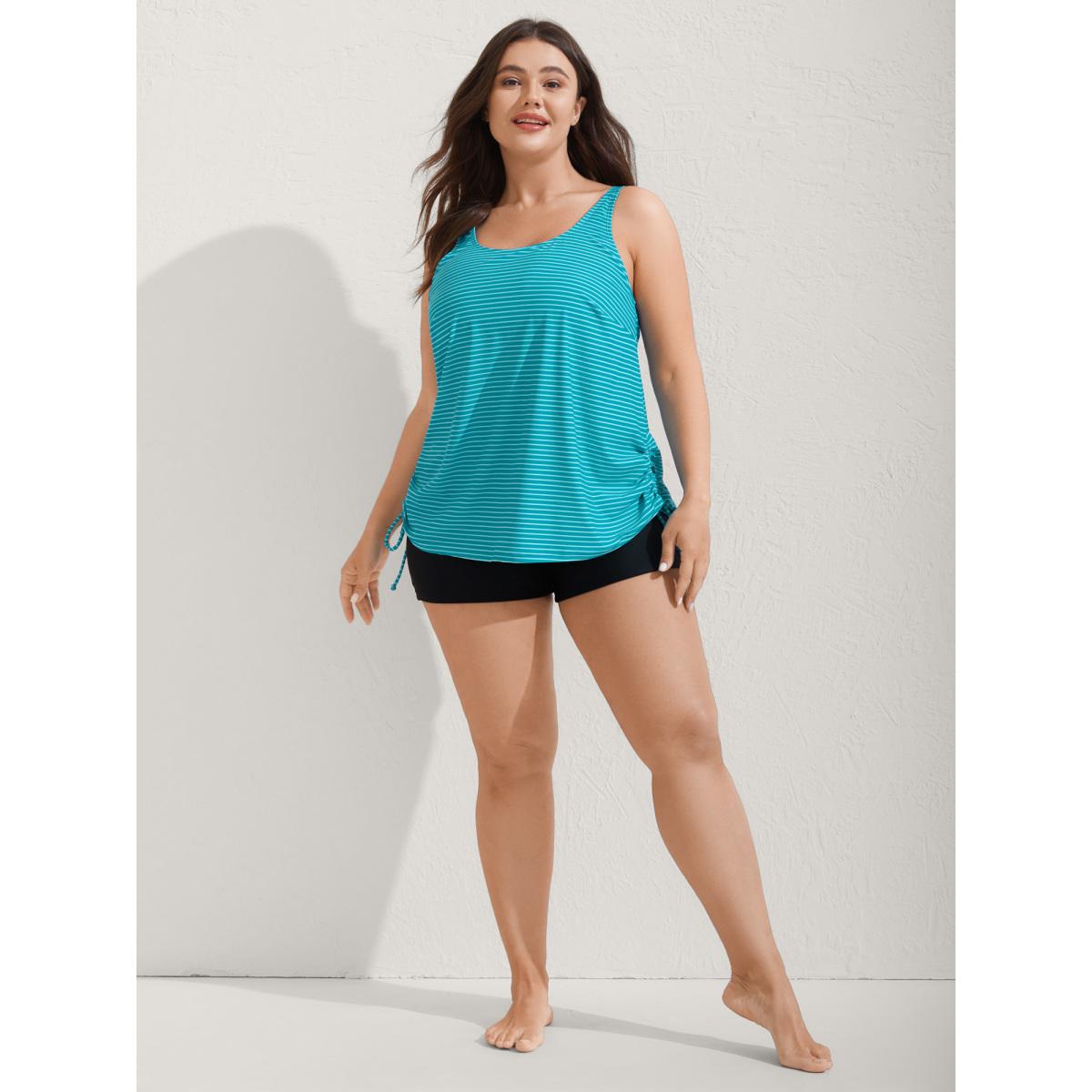 Plus Size Striped Non-Removable Cups Swim Top Women's Swimwear Emerald Resort Drawstring High stretch Bodycon U-neck Curve Swim Tops BloomChic 26/4X Product Image