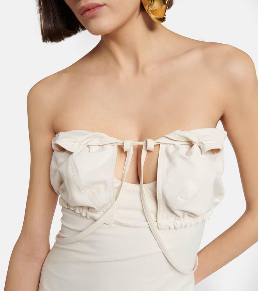 JACQUEMUS Strapless Ruffled Cutout Twill Midi Dress In White Product Image