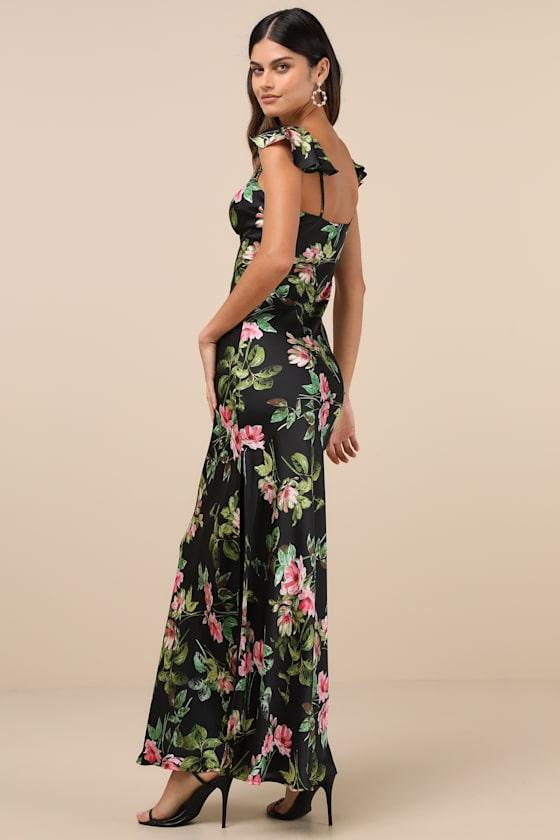 Captivating Grace Black Floral Satin Ruffled Maxi Dress Product Image