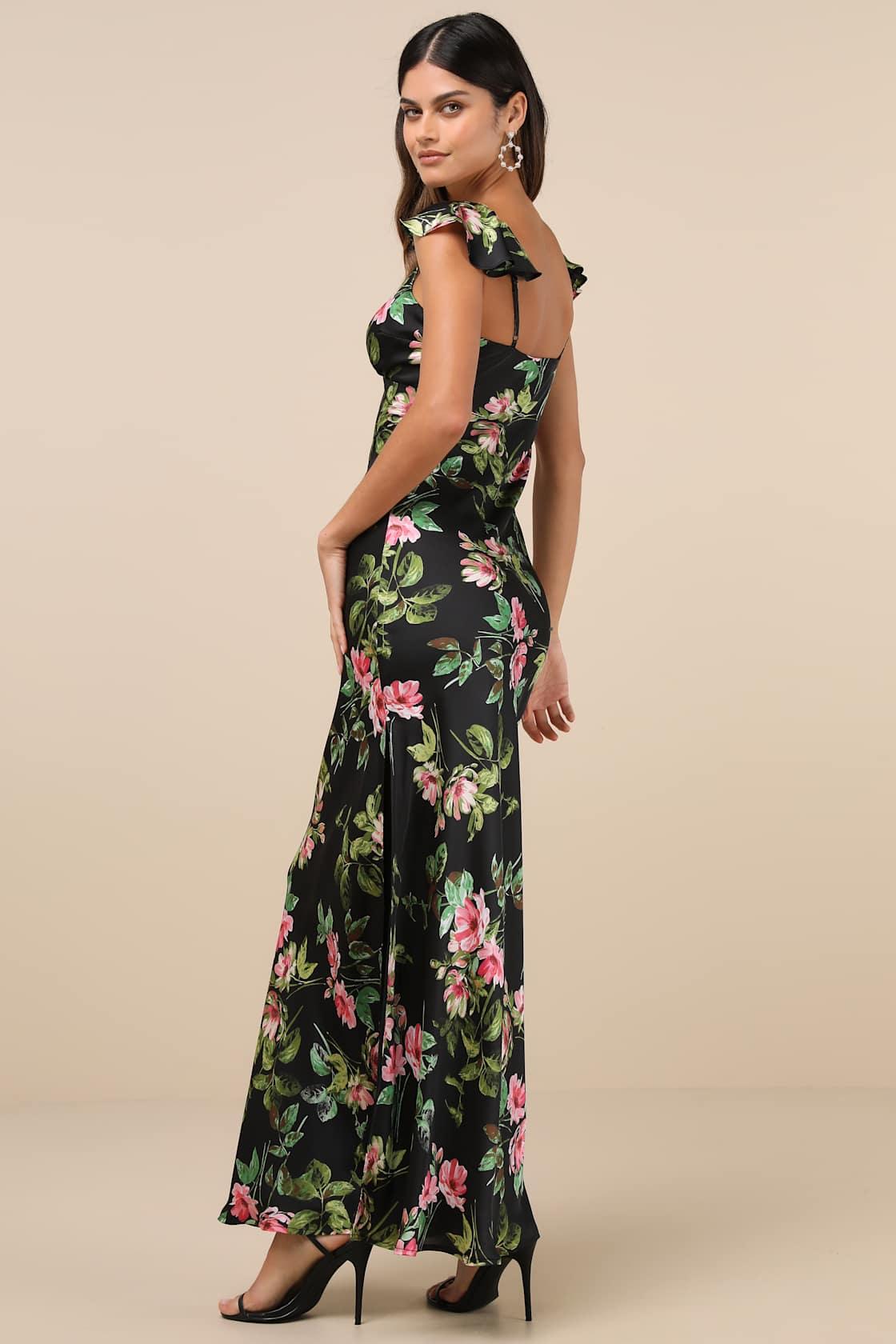 Captivating Grace Black Floral Satin Ruffled Maxi Dress Product Image