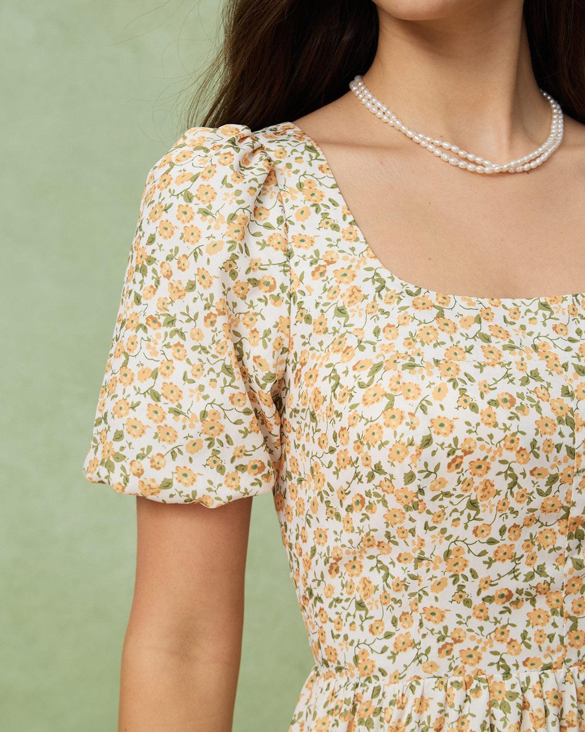 Yellow Floral Puffed Sleeve Midi Dress Product Image