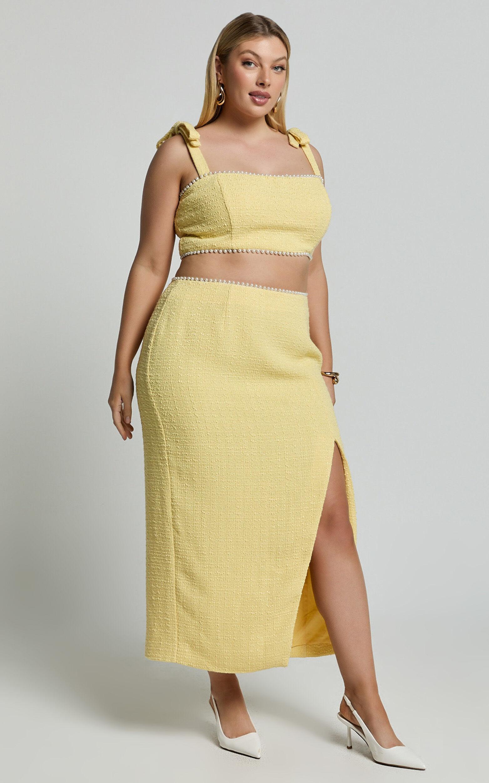 Mitzy Two Piece Set - Boucle Pearl Detail Crop And Faux Wrap Midi Skirt Set in Lemon Product Image