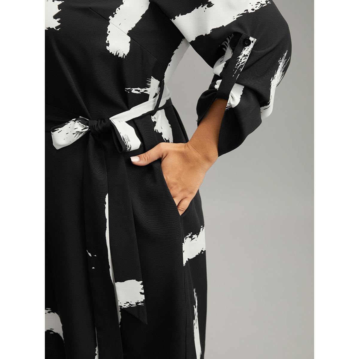 Plus Size Brush Print V Neck Belted Tab Sleeve Dress BlackFlower Women Office Belted V-neck Long Sleeve Curvy Knee Dress BloomChic 28/5X Product Image