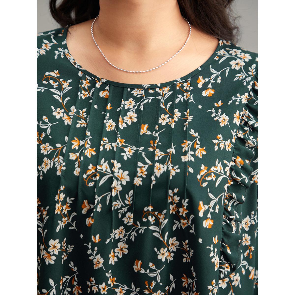 Plus Size DarkGreen Ditsy Floral Shirred Cuffs Frill Trim Blouse Women Elegant Long Sleeve Round Neck Dailywear Blouses BloomChic 26/4X Product Image