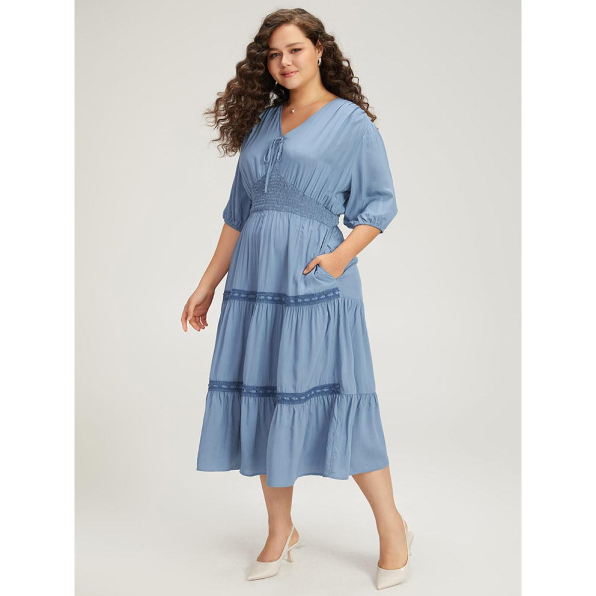 Plus Size Solid Shirred Stitch Layered Hem Ties Dress Stone Women Office Elastic cuffs Tie Neck Half Sleeve Curvy Midi Dress BloomChic 18-20/2X Product Image