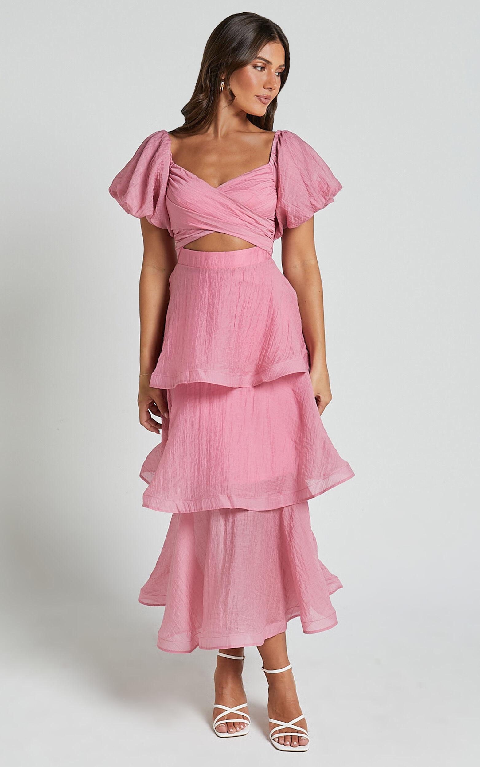 Giselle Midi Dress - Short Puff Sleeve Front Cut Out Layered Dress in Pink Product Image