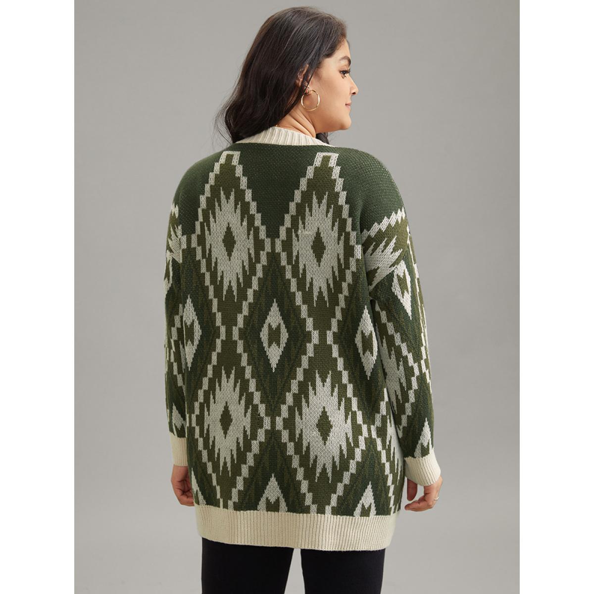 Plus Size Bandana Jacquard Button Through Patched Pocket Cardigan ArmyGreen Women Casual Loose Long Sleeve Dailywear Cardigans BloomChic 30/6X Product Image