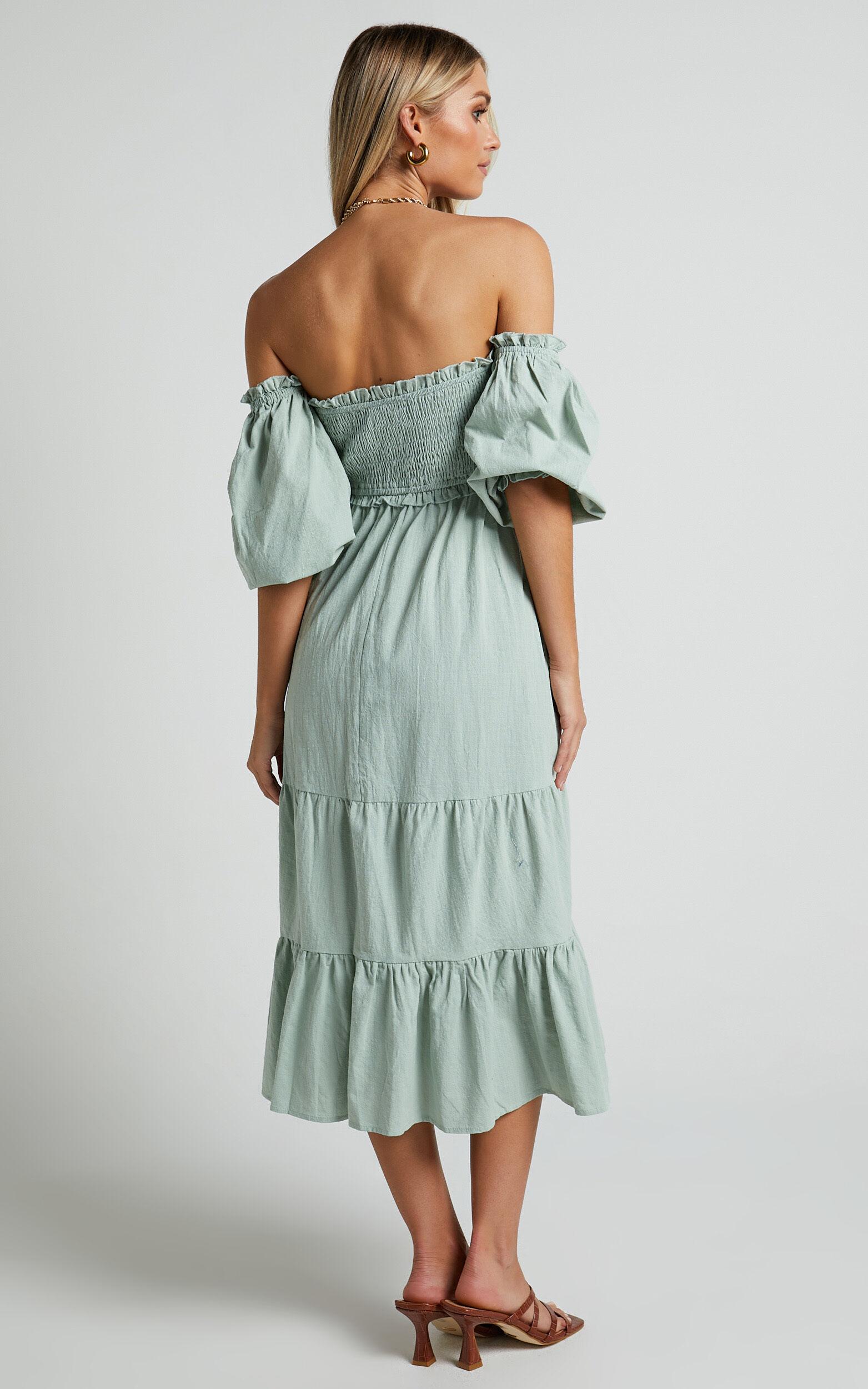 Nikka Midi Linen Blend Dress - Shirred Off Shoulder Puff Sleeve Dress in Sage Product Image