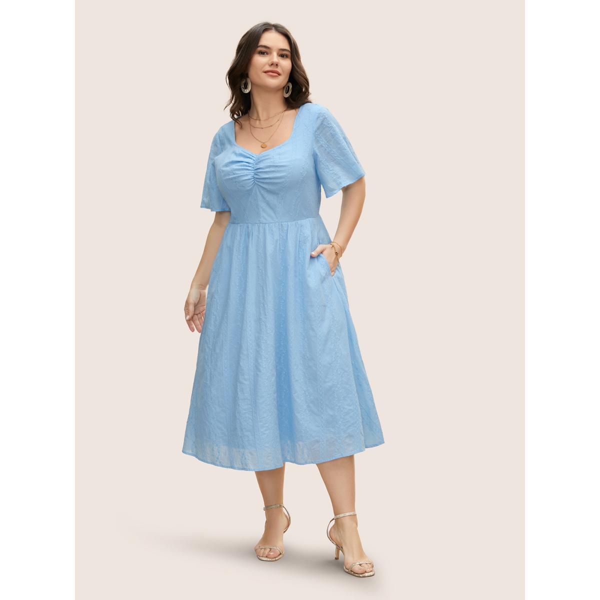 Plus Size Floral Chain Embroidered Ruched Midi Dress LightBlue Women Elegant Heart neckline Short sleeve Curvy BloomChic 12/L Product Image