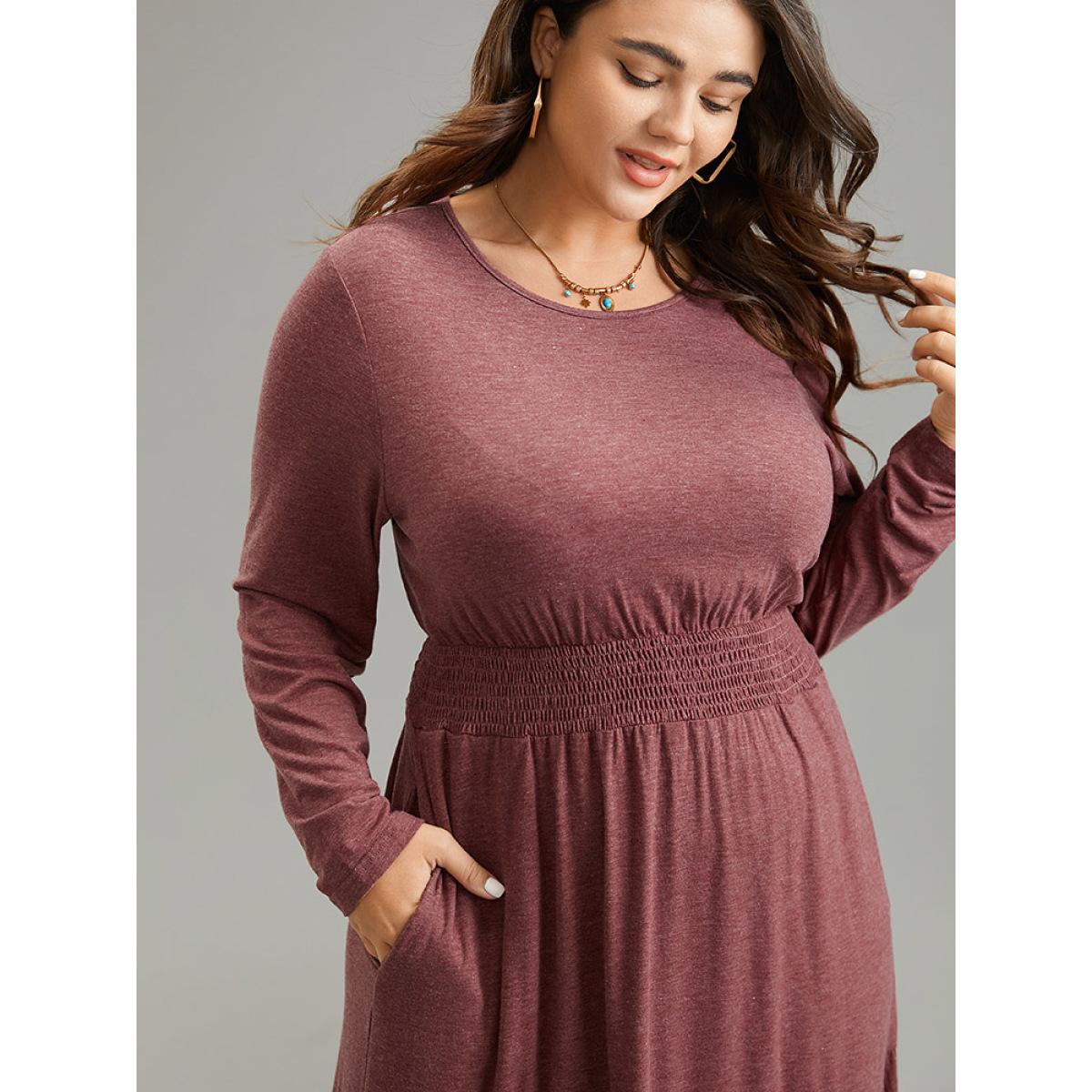 Plus Size Supersoft Essentials Tiered Ruffles Gathered Dress Scarlet Women Casual Gathered Round Neck Long Sleeve Curvy Midi Dress BloomChic 18-20/2X Product Image