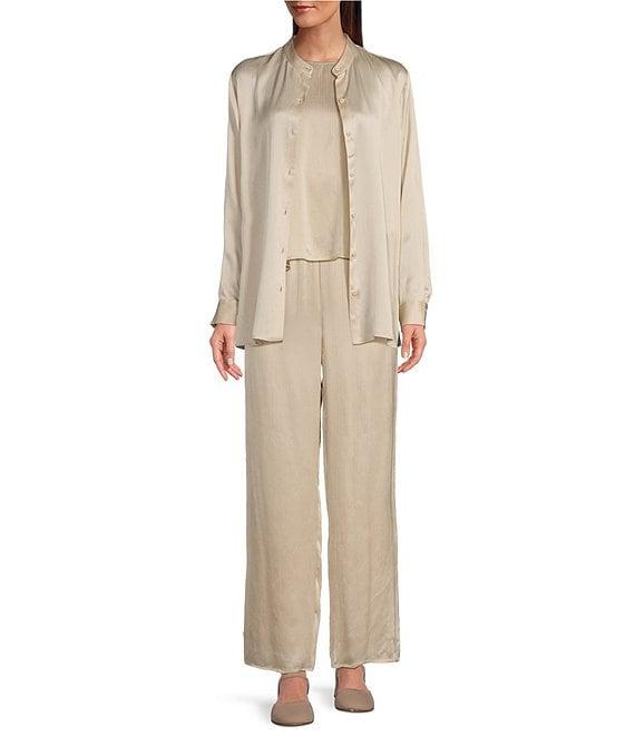 Eileen Fisher Striated Silk Satin Straight Leg Pull-On Ankle Pants Product Image