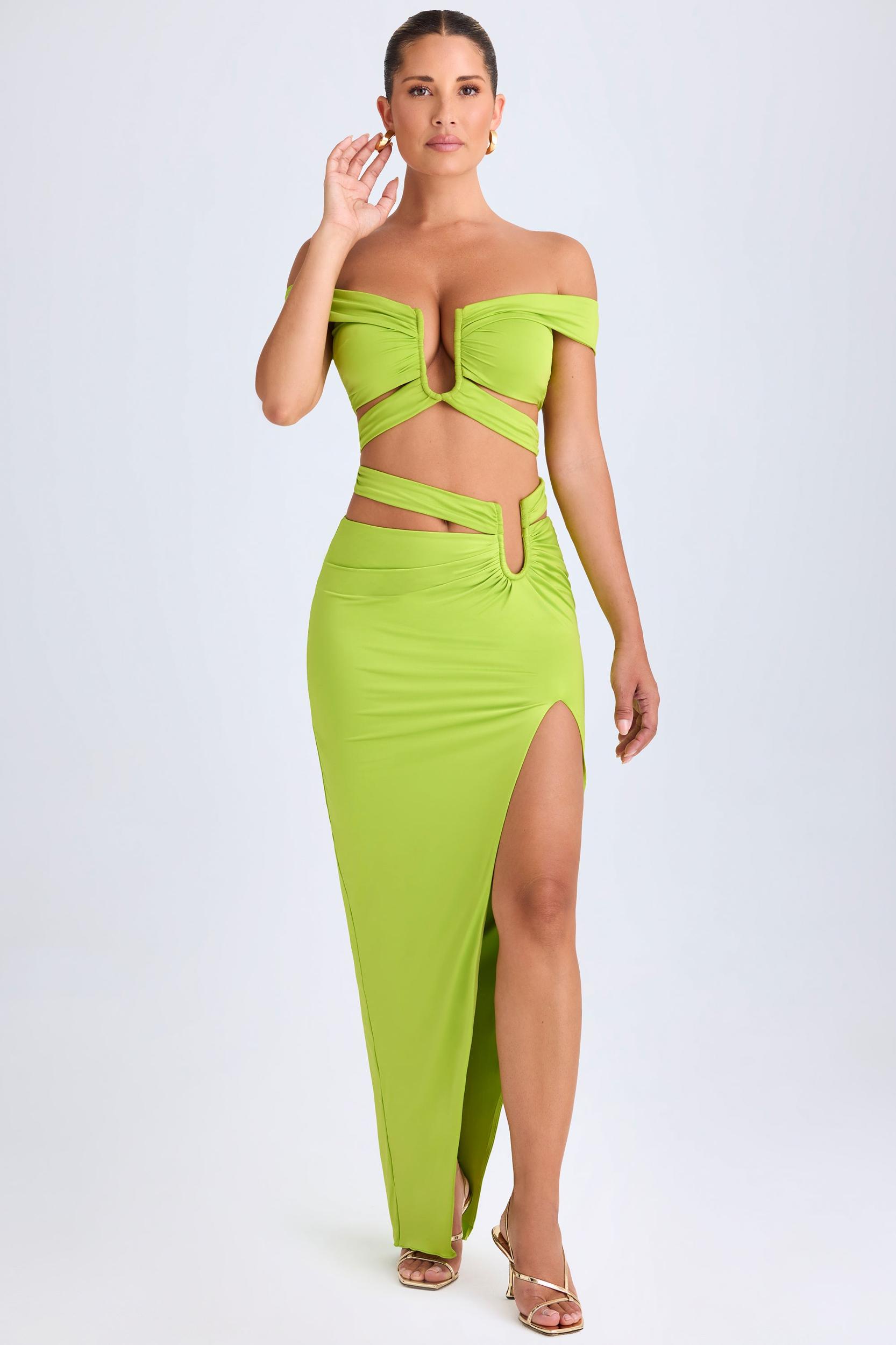 Asymmetric Cut-Out Maxi Skirt in Lime Green Female Product Image