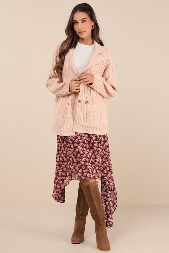 Majorly Comfy Beige Cable Knit Double Breasted Cardigan Sweater Product Image