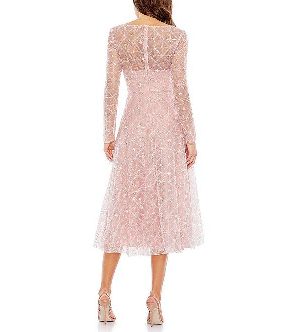 Mac Duggal V-Neck Long Illusion Sleeve Beaded Midi Dress Product Image