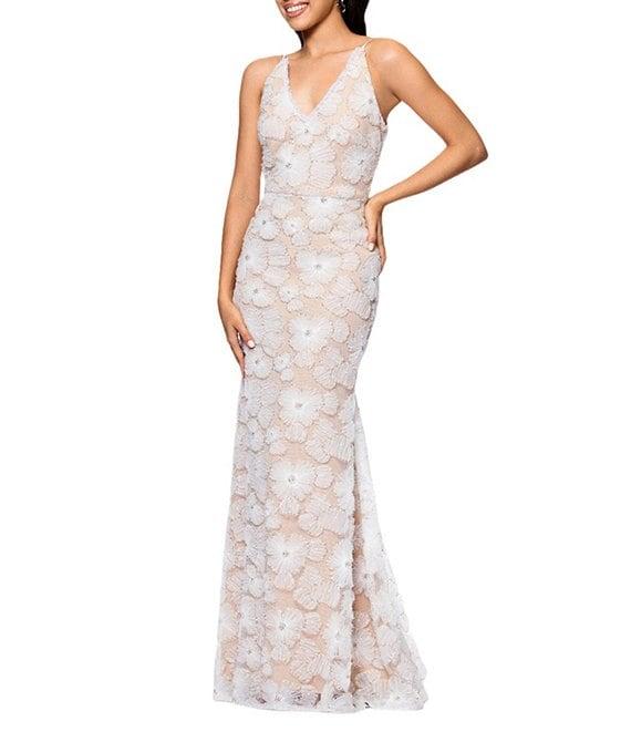 Betsy & Adam Soutache Embroidered Beaded Floral Print V Neck Sleeveless Mermaid Gown Product Image