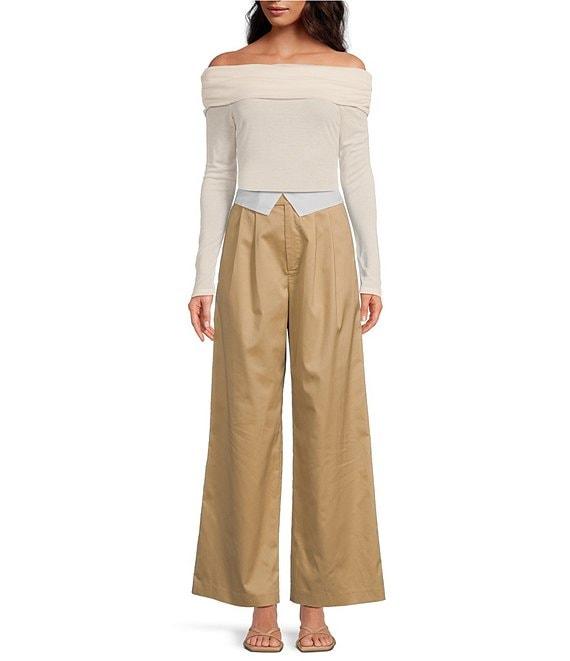 Gianni Bini Grace Drapey Linen Fold Over Contrast High Rise Pleated Coordinating Trousers Product Image