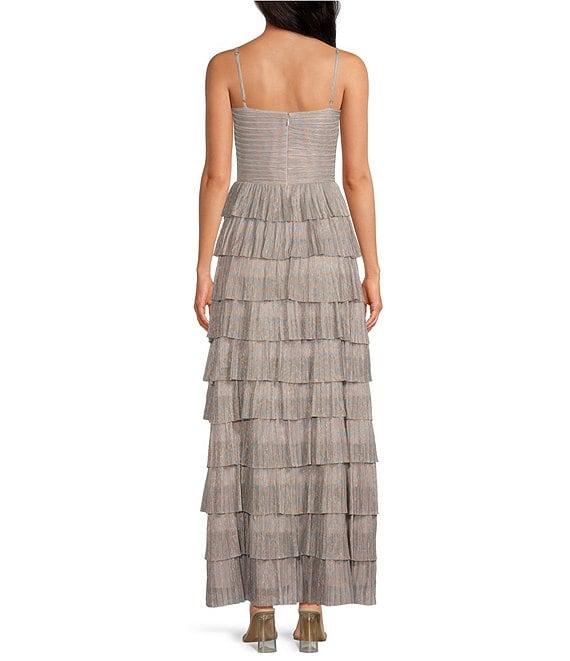 Gianni Bini Grace Metallic Plisse Sweetheart Neck Cut-Out Tiered Dress Product Image