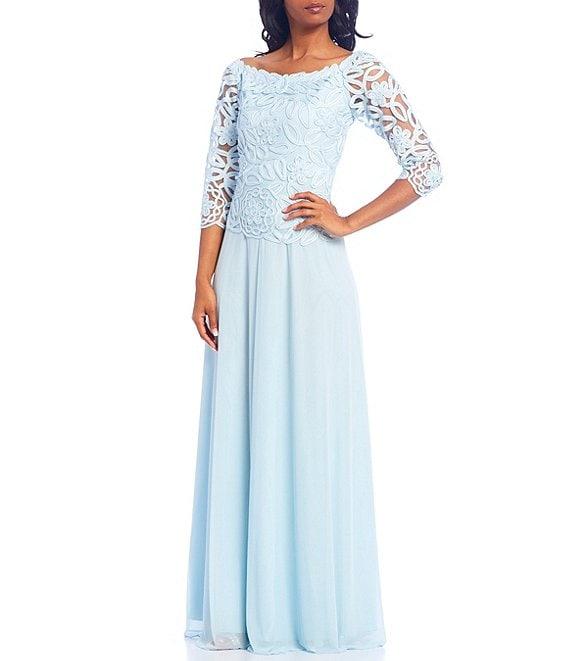 Soulmates Embroidered Floral Lace Bodice 3/4 Sleeve Square Neck Gown Product Image