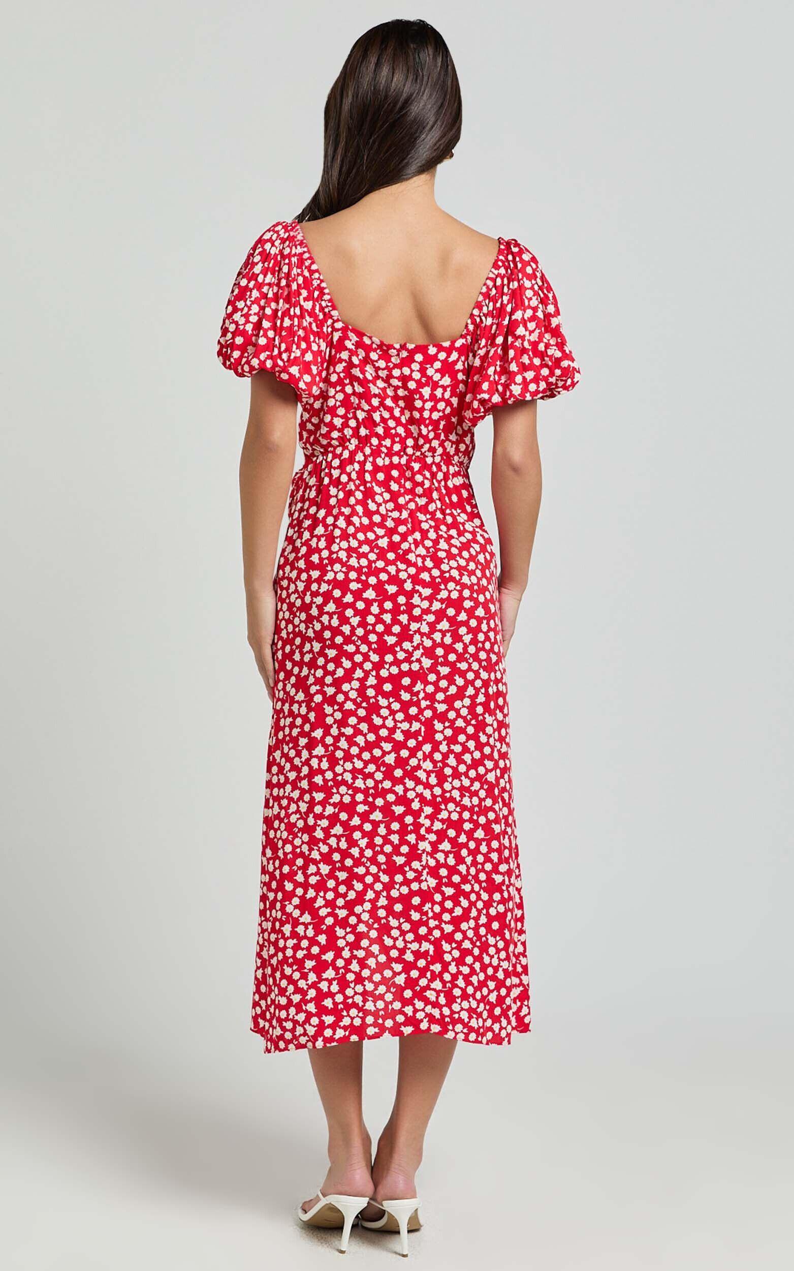 Carlyn Midi Dress - Sweetheart Puff Sleeve Wrap Dress in Red Floral Product Image