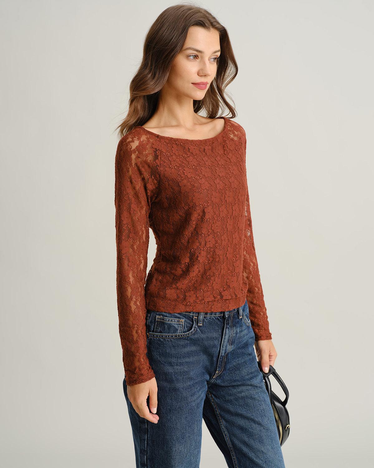 Brown Boat Neck Lace Slim Tee Product Image