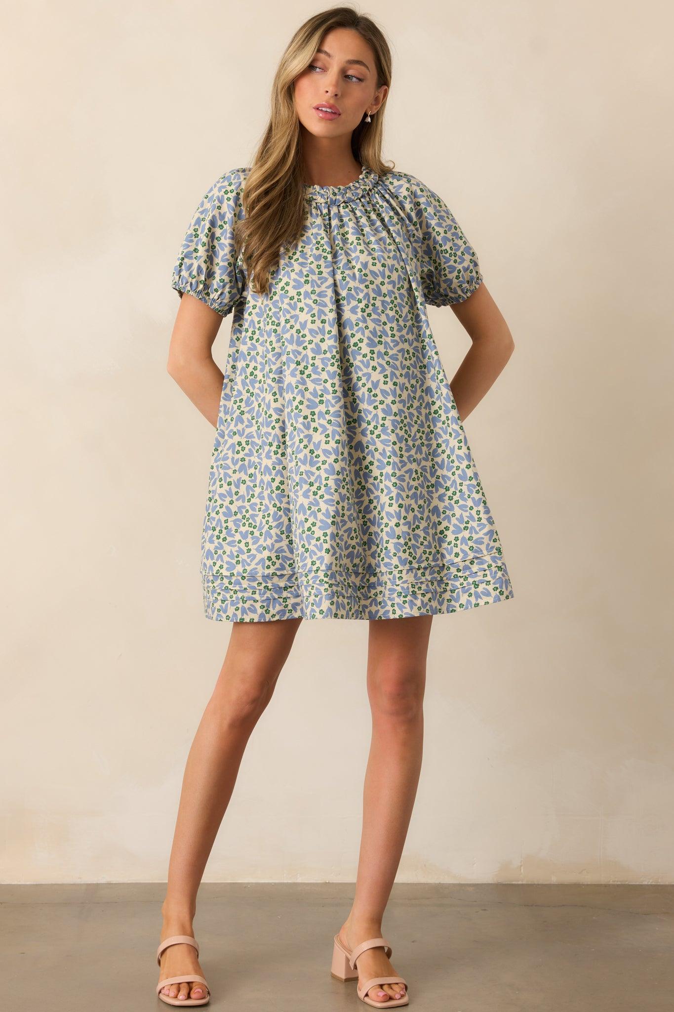 Stories Unfolding Dusty Blue Floral Cotton Mini Dress Product Image