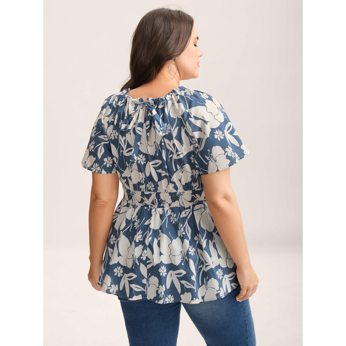 Plus Size Mediumblue Cotton Silhouette Floral Print Shirred Waist Blouse Women Short sleeve Round Neck Vacation Blouses BloomChic 18-20/2X Product Image