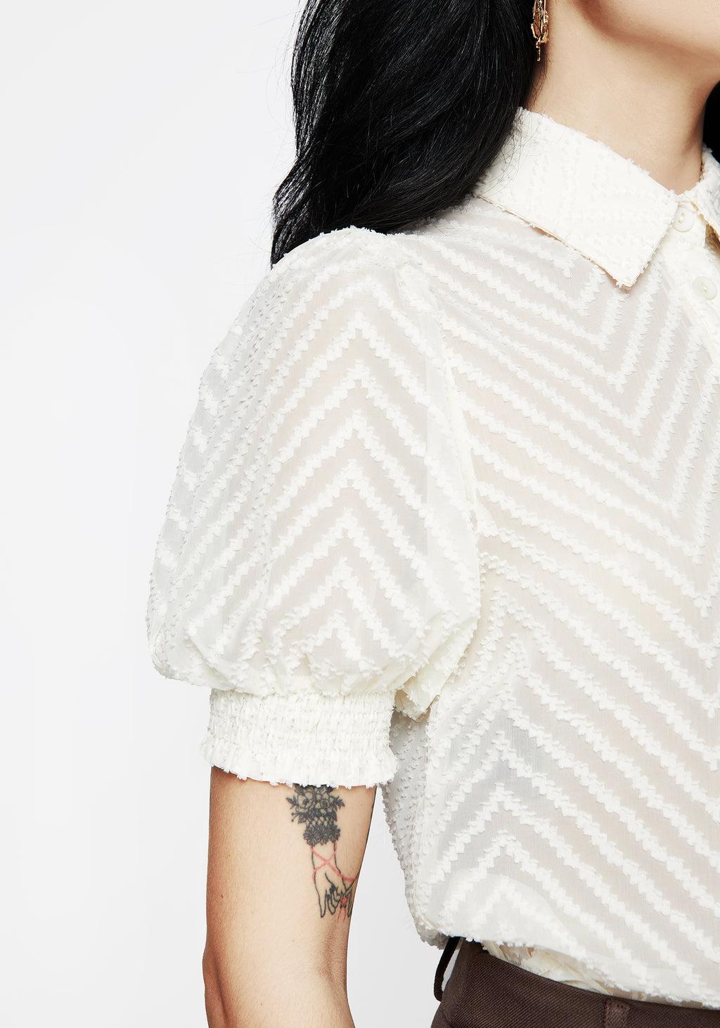 Chevron Button Up Blouse Top - White Product Image