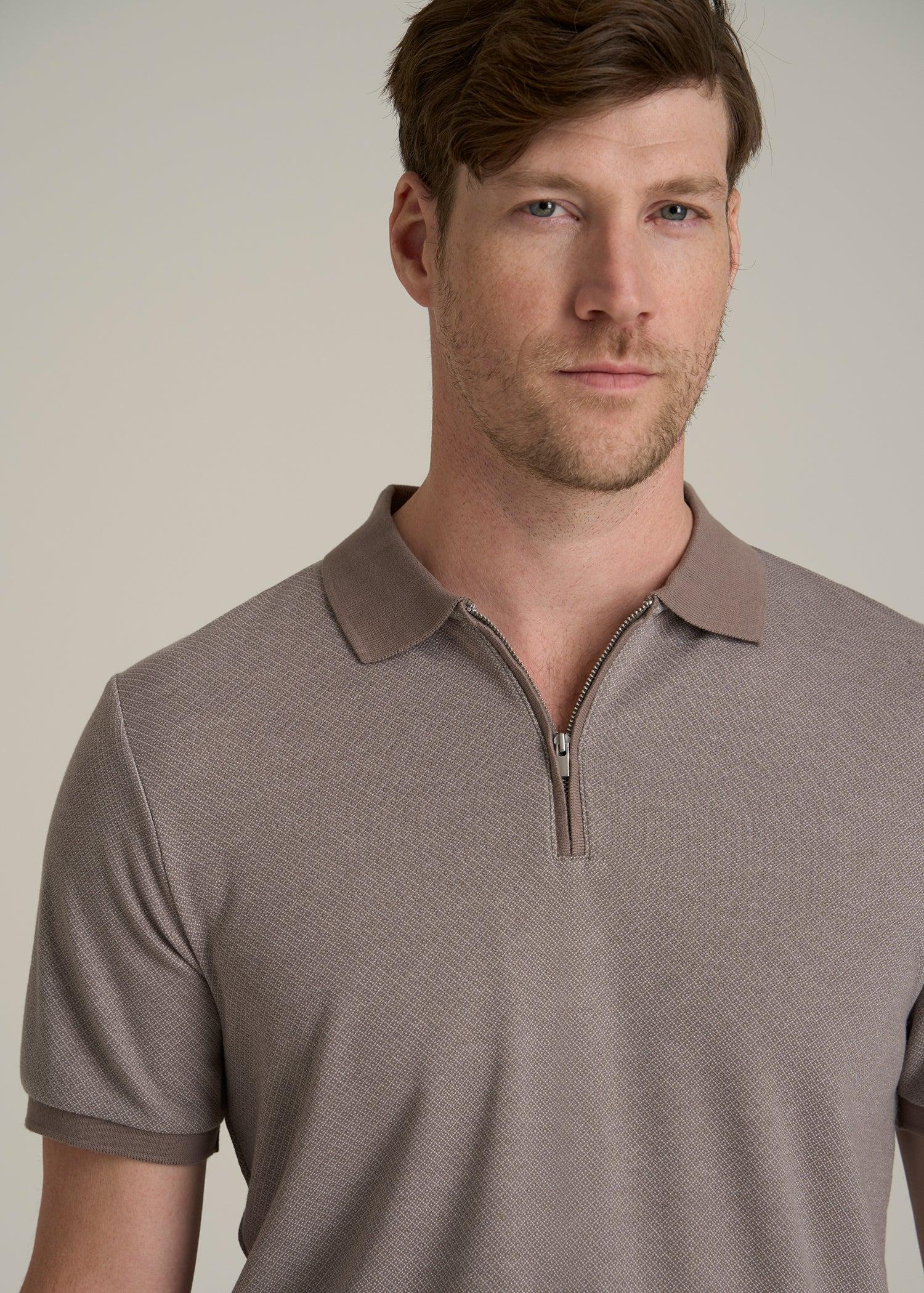 Embossed Geo Zip Collar Polo Shirt for Tall Men in Portobello Male Product Image